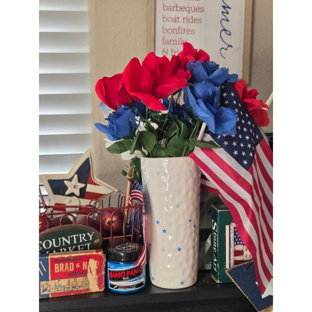 Blue Stars Ceramic Flower Vase Americana‎ Patriotic Decor or New Baby Boy Birth